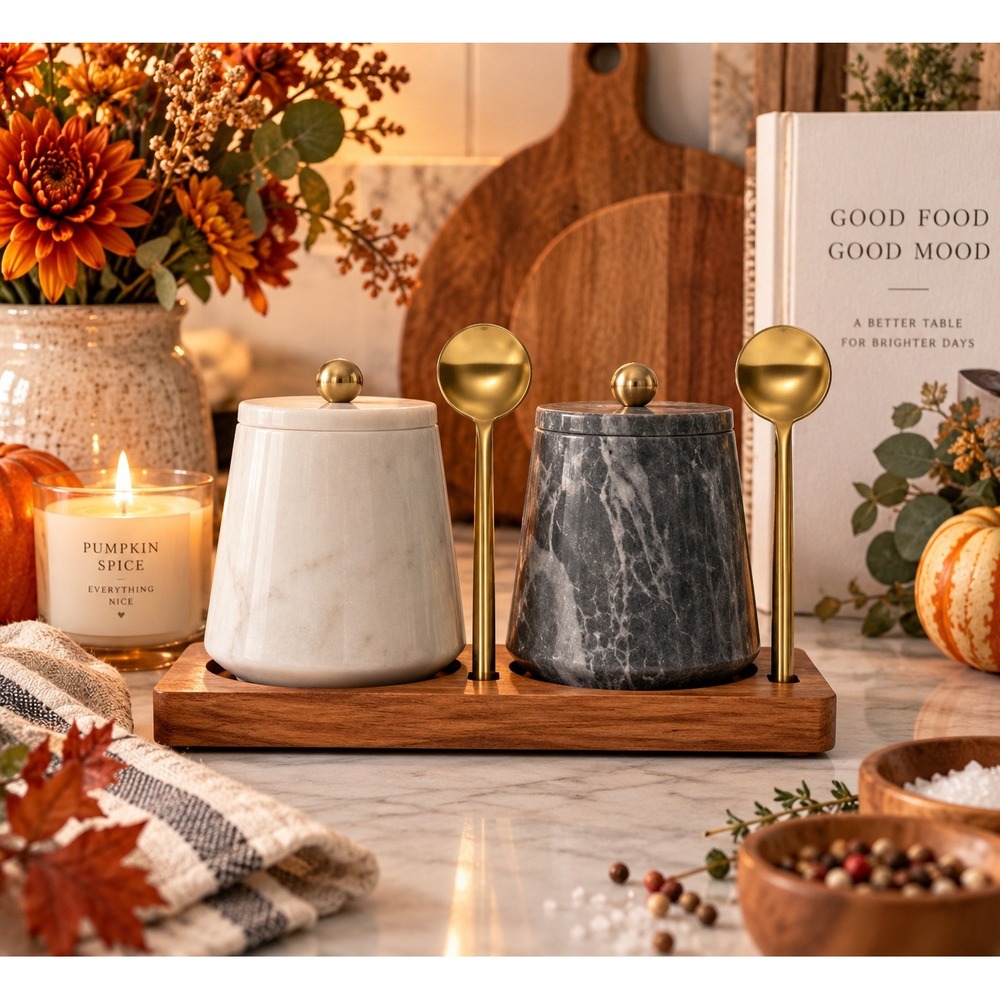 Cravings by Chrissy Teigen Marble Condiment Set White Grey 5pc Wood Tray Spoons